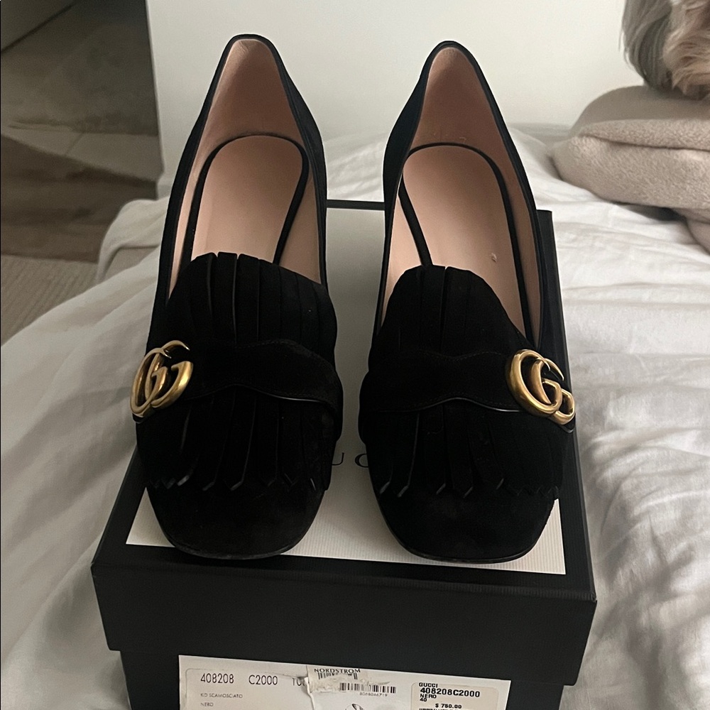 Gucci Black Heels with Gold Logo